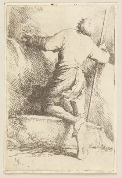 Mann mit Stab von hinten gesehen von Salvator Rosa