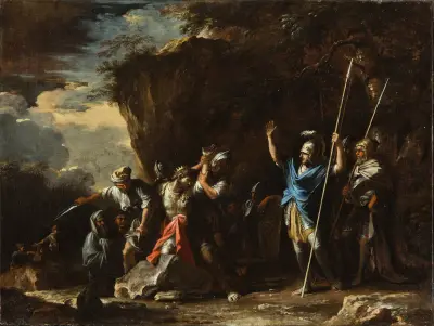 Szene aus der griechischen Geschichte; der taubstumme Sohn des Königs Krösus hindert die Perser daran, seinen Vater zu töten von Salvator Rosa