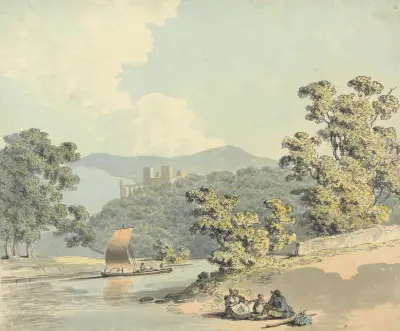 Country Folk with a Child, Beside a River av Samuel Howitt