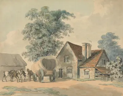 Horses and Wagon Outside a Cottage av Samuel Howitt