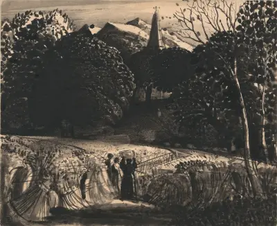 Cornfield and Church by Moonlight von Samuel Palmer