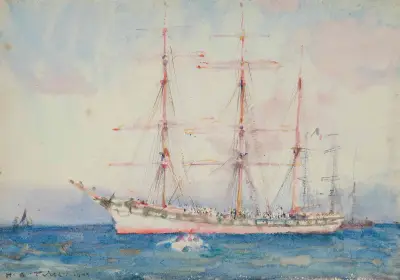 French Windjammer At Anchor Signed And Indistinctly, Henry Scott Tuke