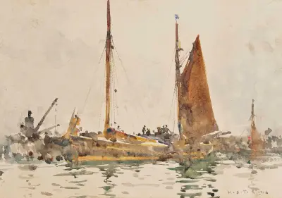 Lowestoft Fishing Boats Moored At Falmouth, Henry Scott Tuke