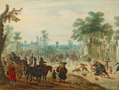 A village with numerous figures on a road, Sebastian Vrancx