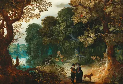A wooded landscape with an amorous couple, Sebastian Vrancx