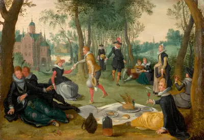 Elegant company having lunch in a landscape, Sebastian Vrancx