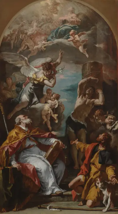 Glory of the Virgin with the Archangel Gabriel and Saints Eusebius, Roch, and Sebastian av Sebastiano Ricci