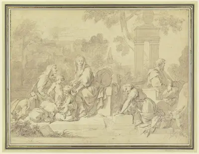 Die Heilige Familie mit Elisabeth und dem Johannesknaben mit der Wäscherin av Sébastien Bourdon