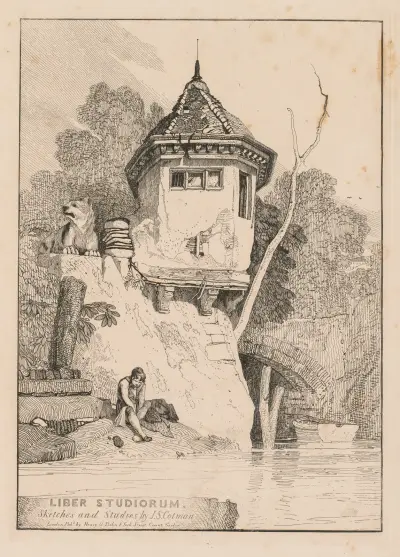Frontispiz, Ansicht eines Gartenhauses am Ufer des Flusses Yare von John Sell Cotman