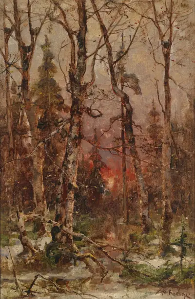 Winterlandschaft bei untergehender Sonne av Julius Sergius Klever