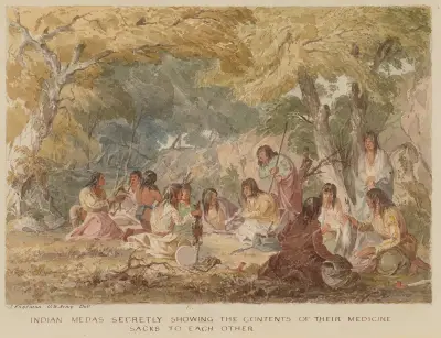 Indian Medas Secretly Showing the Contents of their Medicine Sacks to Each Other von Seth Eastman