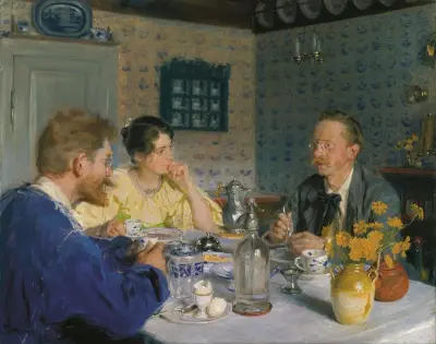 Śniadanie. Artysta, jego żona i pisarz Otto Benzon, Peder Severin Krøyer