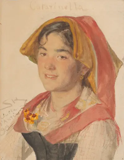 Head of an Girl from Civita d’Antino in Regional Dress (‘Catarinella’) av Peder Severin Krøyer