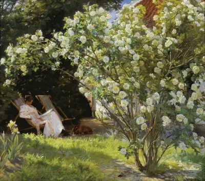 Roses. Marie Krøyer seated in the deckchair in the garden by Mrs Bendsen’s house av Peder Severin Krøyer