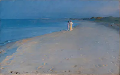 Letni wieczór na południowej plaży w Skagen. Anna Ancher i Marie Krøyer (studium), Peder Severin Krøyer