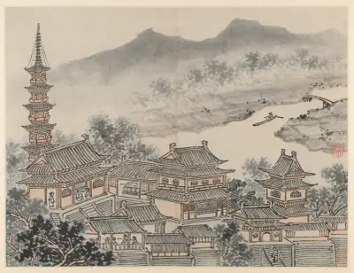 The Thousand Buddha Hall and the Pagoda of the ‘Cloudy Cliff’ Monastery, from Twelve Views of Tiger Hill, Suzhou av Shen Zhou