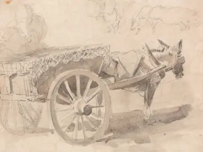 A Mule or Donkey, Harnessed to a Farm Cart, with Other Sketches at Top, Executed at or Near Canterbury, c. 1835 von Thomas Sidney Cooper