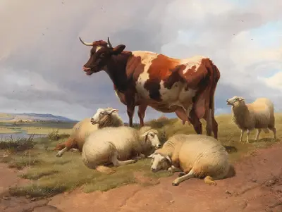 Cattle and sheep in a meadow in a vast landscape von Thomas Sidney Cooper