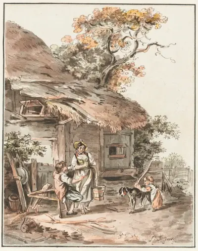 Ländliche Szene vor einem strohgedeckten Bauernhaus – Nr. 1 von Sigmund Freudenberger