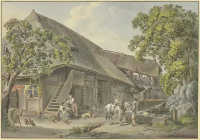 Schweizerhaus, am Brunnen Bauer mit einem Schimmel, auf dem ein Knabe reitet av Sigmund Freudenberger