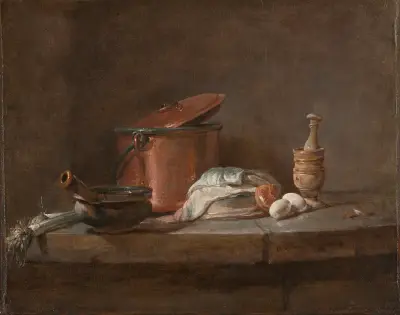Kuchyňské náčiní s pórkem, rybou a vejci, Jean Siméon Chardin