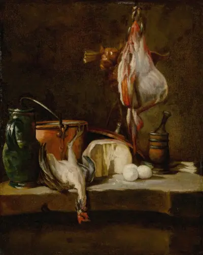 Zátiší s rejnokem, košem cibule, vejci, sýrem, zelenou konvicí a měděnou nádobou, Jean Siméon Chardin