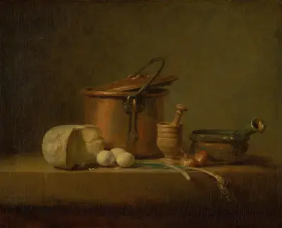 Zátiší s měděným hrncem, sýrem a vejci, Jean Siméon Chardin
