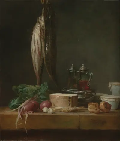 Zátiší s rybami, zeleninou, sýrovými tyčinkami, hrnci a karafami na stole, Jean Siméon Chardin