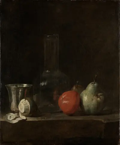 Zátiší se skleněnou lahví a ovocem, Jean Siméon Chardin
