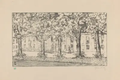Gezicht op het bordes van Paleis Huis ten Bosch tussen een rij bomen Huis ten Bosch I von Simon Moulijn