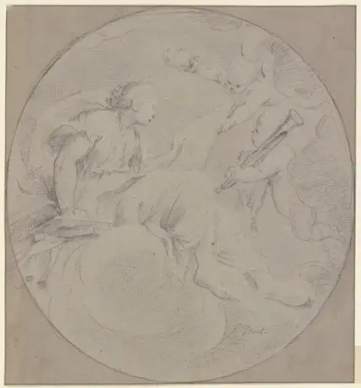 Die Muse der Musik mit zwei Genien, deren einer eine Trompete trägt av Simon Vouet