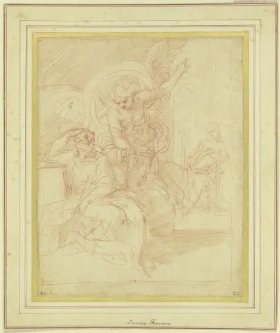 Der Engel erscheint dem Heiligen Joseph, um ihn zur Flucht nach Ägypten zu bewegen av Simone Cantarini