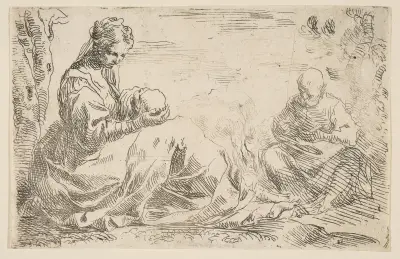 Rest on the flight into Egypt, Mary holding and looking at the infant Christ while St. Joseph reads av Simone Cantarini