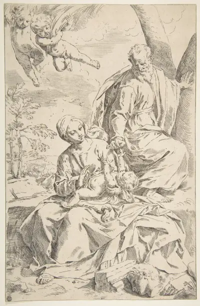 Rest on the flight into Egypt, Mary holding the infant Christ while St. Joseph hands him a fruit av Simone Cantarini