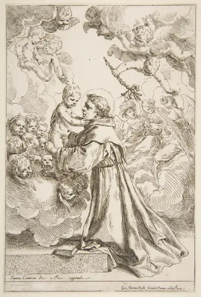 Saint Anthony of Padua adoring the Christ Child in Glory av Simone Cantarini