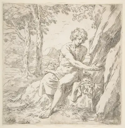 Saint John the Baptist in the desert av Simone Cantarini