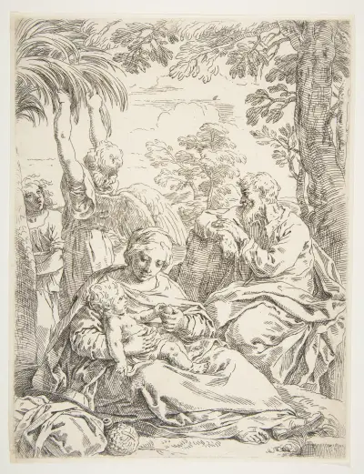 The Holy Family resting on their flight into Egypt av Simone Cantarini