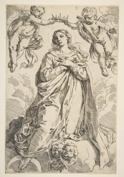 The Virgin being crowned by two angels av Simone Cantarini