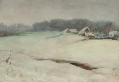 Winter landscape with cottages av Władysław Ślewiński