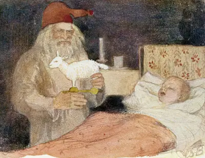 Joulupukki tuo lahjan pojan sängyn viereen av Venny Soldan-Brofeldt