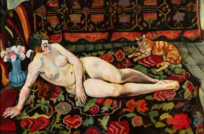 Nu au chat, allongé sur une draperie à fleurs av Suzanne Valadon