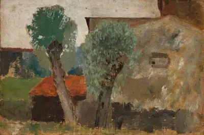 Fragment of a house with two trees av Tadeusz Makowski