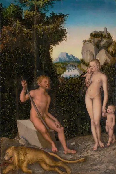 Ein Faun und seine Familie mit einem erlegten Löwen von Lucas Cranach the Elder