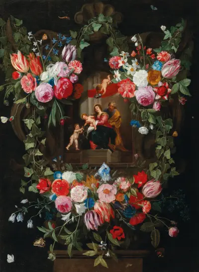 A wreath of flowers surrounding a cartouche with the Holy Family and putti, Jan Van Kessel The Elder