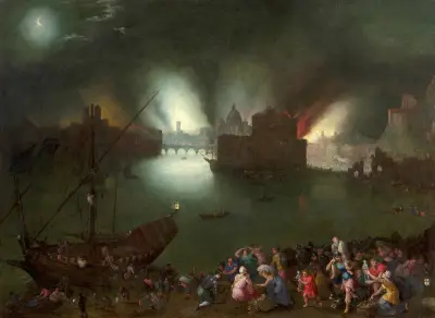 Aeneas rescuing his father from the burning Troy av Jan Brueghel The Elder