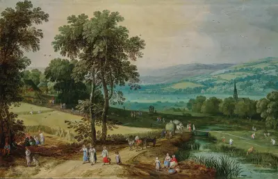 An extensive wooded landscape with travellers on a path and the corn harvest in the foreground av Jan Brueghel The Elder