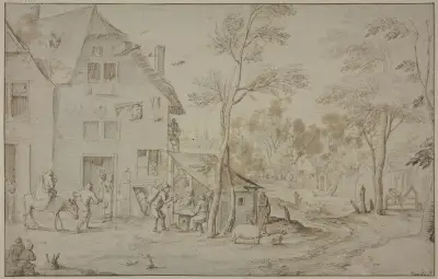 Dorfansicht mit der Heiligen Familie auf der Flucht nach Ägypten av Jan Brueghel The Elder