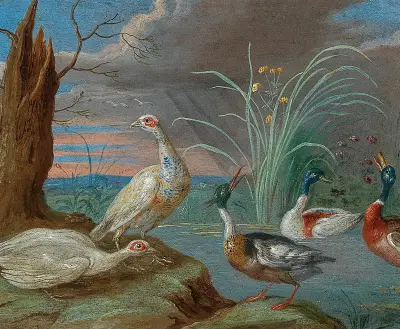 Ducks and other birds near a pond av Jan Van Kessel The Elder