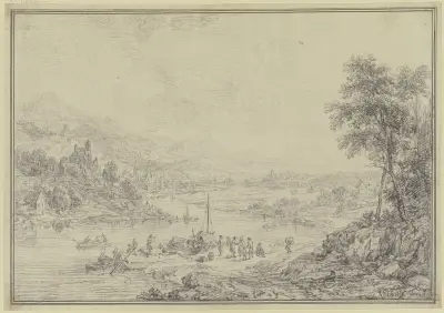 Flussgegend mit einem Städtchen im Tal, Burgen und Schlössern auf den Bergen, vorne am Ufer Schiffe und figürliche Staffage av Christian Georg Schütz the elder