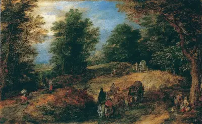 Landscape with Travelers on a Woodland Path av Jan Brueghel The Elder